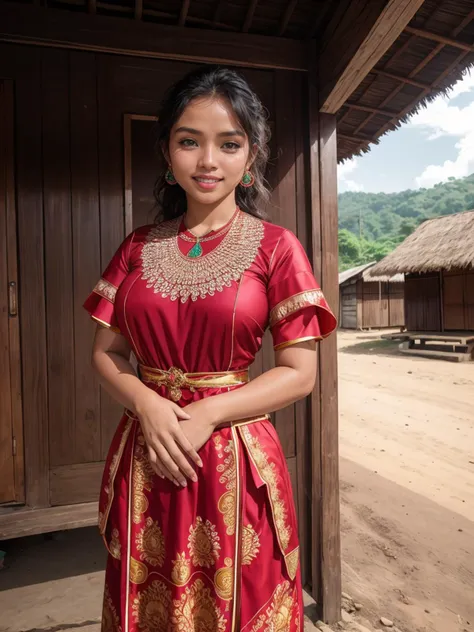 (Indonesian woman:1.3), happy, traditional dress, standing in village, (highly detailed skin, skin texture:1.2), (raw photo, 35mm photograph, film, professional, 4k, highly detailed:1.1)