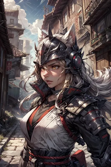 (best quality, masterpiece:1.2), 1 girl, adult woman, freckles, amber eyes, yellow layered hair, solo, upper body, looking down, detailed background, detailed face, (<lora:Unholy:0.5>, Sc3pt4, scifi theme:1.1), ronin, light brown samurai armor, samurai helmet, dynamic pose, aggressive expression, samurai crest, banner in background, wind, cinematic atmosphere,