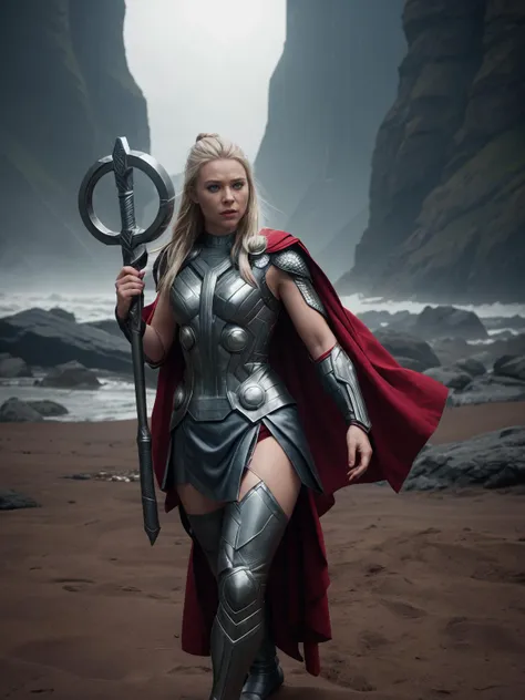 fullbody photo, female thor, (highly detailed skin, skin texture:1.2), (raw photo, 35mm photograph, film, professional, 4k, highly detailed:1.1)