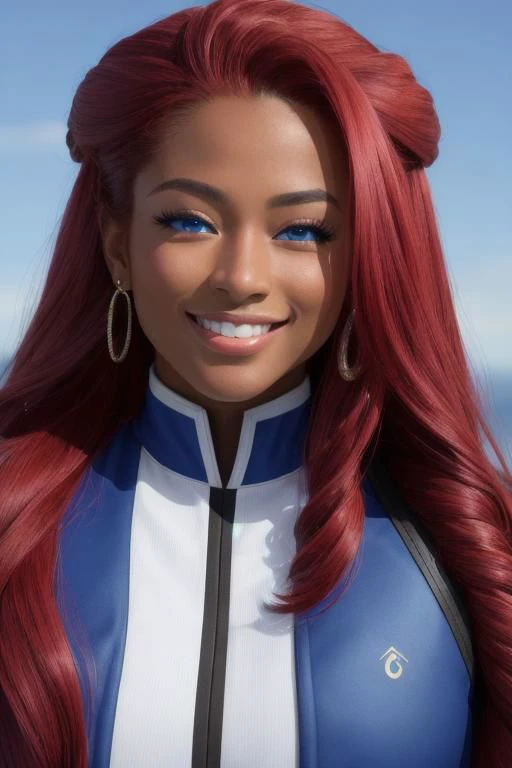 (masterpiece, best quality, ultra realistic, 8k uhd, very high quality, extremely detailed face),,
very dark skin, very muscular 30y.o. Egyptian-Japanese woman, smiling and happy, ((bright blue eyes, blue eyes)), absurdly long ruby red hair, large muscles, dark skin, very long ruby red hair,,
((tactical uniform)), thick and bulky body