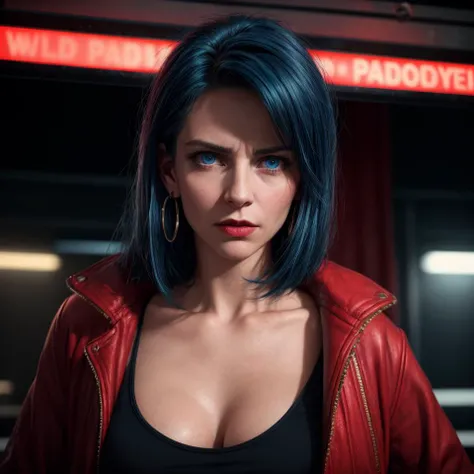 Realistic RAW polaroid photo by Wong Kar-Wai, cute punk woman, outrun red jacket, cool disheveled hair, beautiful blue eyes, red lipstick, gold earrings, high detail, dramatic lighting, cinematic atmosphere, dutch angle, wide shot, masterpiece, analog style, tank top, nsfw