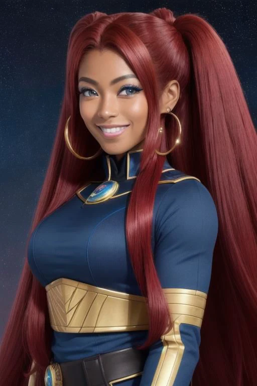 (masterpiece, best quality, ultra realistic, 8k uhd, very high quality, extremely detailed face),,
dark skin, very muscular 30y.o. Egyptian-Japanese woman, smiling and happy, ((bright blue eyes)), absurdly long ruby red hair, muscles, dark tan skin, ruby red hair, twintails,,
space uniform, very muscular