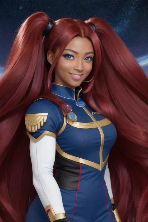 (masterpiece, best quality, ultra realistic, 8k uhd, very high quality, extremely detailed face),,
dark skin, very muscular 30y.o. Egyptian-Japanese woman, smiling and happy, ((bright blue eyes)), absurdly long ruby red hair, muscles, dark tan skin, ruby red hair, twintails,,
space uniform, very muscular