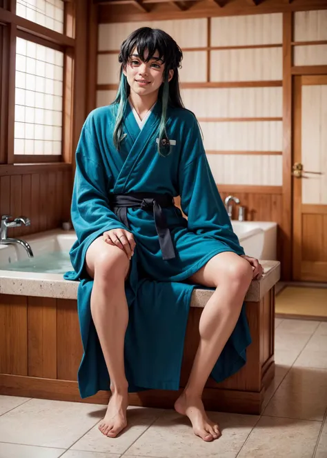 (full body shot, masterpiece, best_quality, ultra-detailed, immaculate:1.3),
BREAK
<lora:MuichiroTokito:0.6> Muichiro, green eyes, 1boy, otoko no ko, solo, bangs, long hair, black hair, aqua hair, multicolored hair, male focus, evil smile, bath robe, sitting,
<lora:otoko no kono:0.8>
<lora:Gloomifier_V2_TheGlow:-1>
<lora:detail_slider_v4:1>
BREAK
japanese onsen, bathhouse, steam,