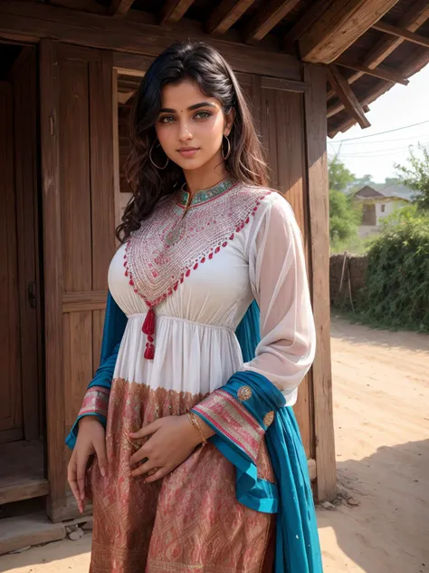 (Pakistani woman:1.3), happy, traditional dress, standing in village, (highly detailed skin, skin texture:1.2), (raw photo, 35mm photograph, film, professional, 4k, highly detailed:1.1)