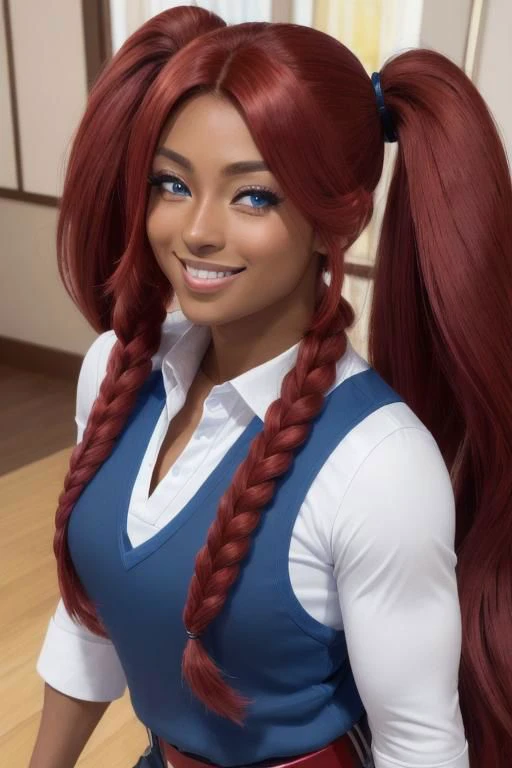 (masterpiece, best quality, ultra realistic, 8k uhd, very high quality, extremely detailed face),,
dark skin, very muscular 30y.o. Egyptian-Japanese woman, smiling and happy, ((bright blue eyes)), absurdly long ruby red hair, muscles, dark tan skin, ruby red hair, twintails,,
space uniform, very muscular