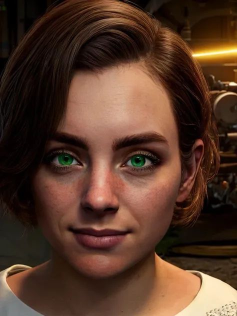(insanely detailed, beautiful detailed face, masterpiece, best quality) <lora:beta:0.9>, beta,green eyes,brown hair,short hair, white shirt,short sleeves,smile, upper body,solo,standing, underground bunker,science fiction,tech,