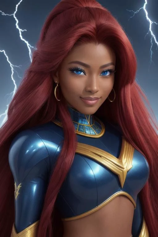 (masterpiece, best quality, ultra realistic, 8k uhd, very high quality, extremely detailed face),,
very dark skin, very muscular 30y.o. Egyptian-Japanese woman, smiling and happy, ((bright blue eyes, blue eyes)), absurdly long ruby red hair, large muscles, dark skin, very long ruby red hair,,
((lightning goddess)),