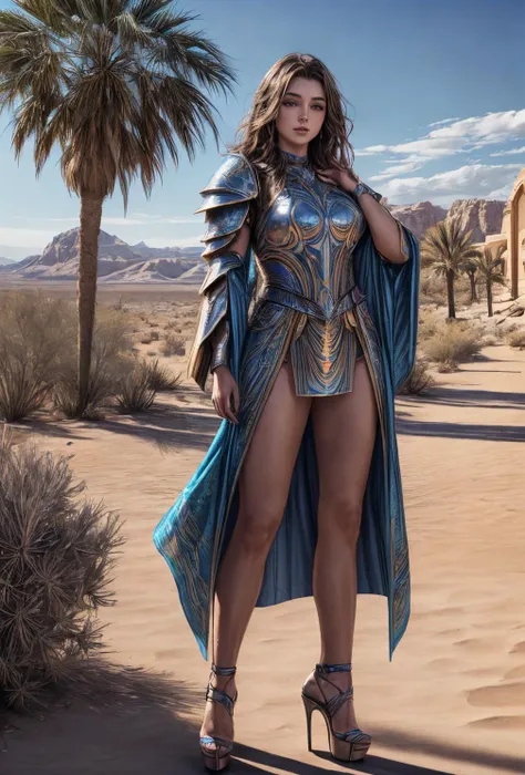 Ultra-realistic 8k CG, masterpiece, best quality, 1girl, 20 years old, woman, (detailed face), colorful, (full body, wide shot), <lora:more_details:0.8> <lora:Caftan_Couture:0.8> paladin_glam, caftan,( armor, High platform heels),standing on stone tiles, desert with multiple palm trees in the background,