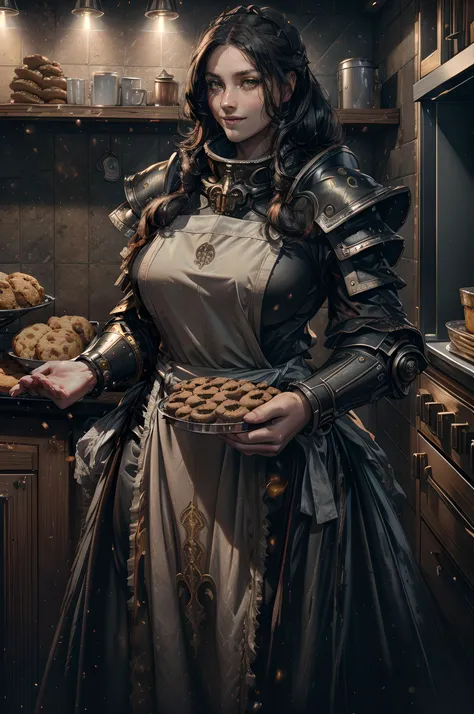 ultra realistic DSLR photo, RAW, highres, 8k, hd, uhd, hdr, tonemapping, 
<lora:warhammer40KSistersOf_2Rank8:1> [DEN_kylie_paige:kennedyleigh:0.5] as adepta sororitas, soft smile, looking at viewer, flowing black hair, wearing an simple apron over ornate power armor 
baking in gothic scifi-kitchen, offering cookies on baking tray,
ambient lighting