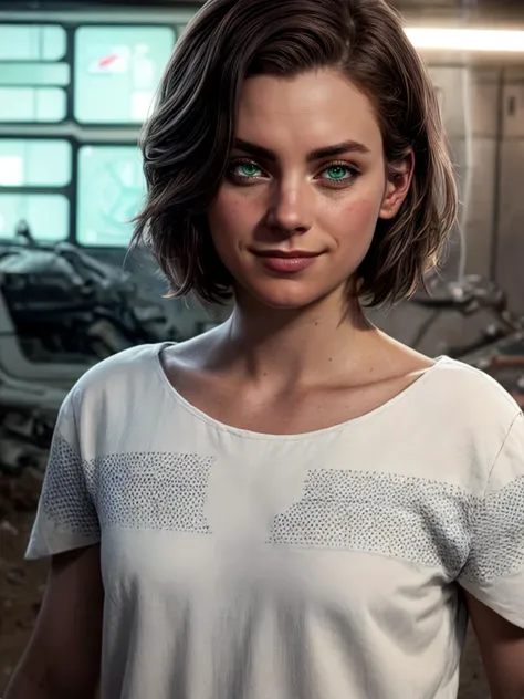 beta,green eyes,brown hair,short hair, white shirt,short sleeves,smile, upper body,solo,standing, underground bunker,science fiction,tech, (insanely detailed, beautiful detailed face, masterpiece, best quality),<lora:beta:0.7>,