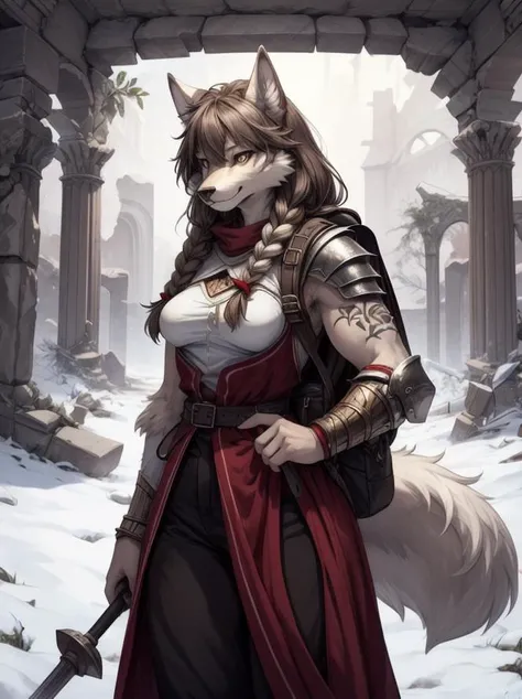 (looking at a well inside large ruins:1.4), investigating ruins with tools and backpack, (furry:1.2), (fluffy fur:1.3), tail in correct place below spine, (anthro:1.2), (snout:1.2), (small breasts:1.2), (detailed hazel eyes:1.2), white furskin, (long hair, light brown, braided), (gynomorph:1.4), (viking:1.2), (leather armor:1.1), (fantasy:1.2, pine forest, light snow), tall, muscular, mean expression, (arm tatoo:1.1), red ribbon on arm, small scar, pants, (shaggy white fur:1.4), pet wolf