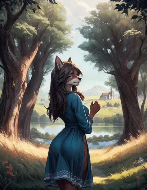 two female furries, anthropomorphic, in grass field, late afternoon, long dress, flashing pussy, tan fur, posing for image, being flirty, happy pose, looking to the side, detailed face, village in distance, lake, fisher, in the style of greg rutkowski, masterpiece, best quality