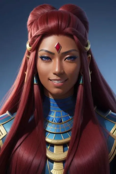 A very muscular 30y.o. Egyptian-Japanese woman with very dark skin, bright blue eyes and absurdly long ruby red hair. She is smiling and has a very detailed face. very dark skin, blue eyes
realistic, ultra high definition, extremely detailed face