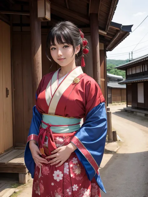 (Japanese woman:1.3), happy, traditional dress, standing in village, (highly detailed skin, skin texture:1.2), (raw photo, 35mm photograph, film, professional, 4k, highly detailed:1.1)