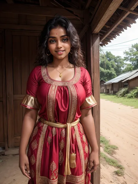(Bangladeshi woman:1.3), happy, traditional dress, standing in village, (highly detailed skin, skin texture:1.2), (raw photo, 35mm photograph, film, professional, 4k, highly detailed:1.1)