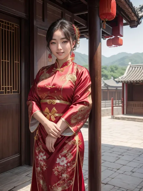 (Chinese woman:1.3), happy, traditional dress, standing in village, (highly detailed skin, skin texture:1.2), (raw photo, 35mm photograph, film, professional, 4k, highly detailed:1.1)