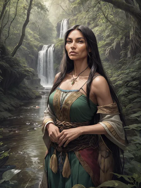 Highly detailed, professional 4k portrait of Pocahontas as an adult woman. Pocahontas is portrayed with a strong, noble expression, reflecting her deep connection to nature and her people. Her hair is long and flowing, with rich, natural textures, symbolizing her free spirit. The background features a lush, verdant forest, indicative of her native Virginia, with subtle hints of rivers and wildlife. The portrait blends her iconic look with a matured, wise aura, capturing the essence of her character against the backdrop of the natural world she cherishes.