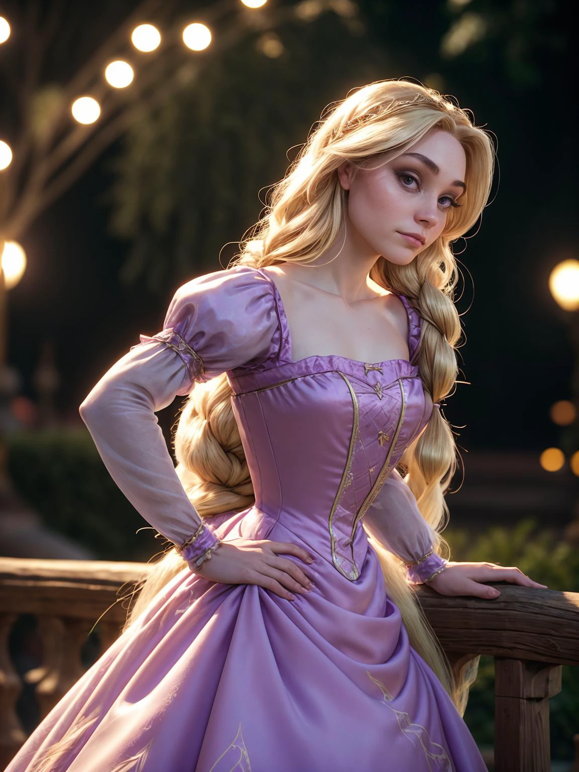 RAW photo, (disney Rapunzel:1.2), dress, bokeh, highly detailed skin, photo, 35mm photograph, film, professional, 4k, highly detailed