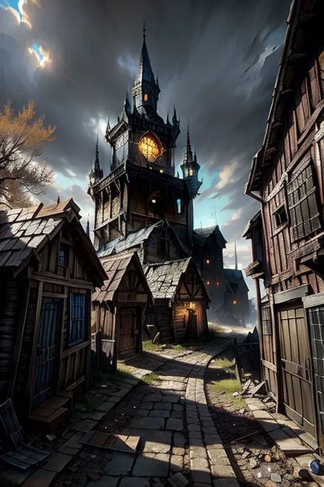 A concept art for a computer game - mordheim, an abandoned town where orcs live, dark place, ruined houses and trees, realistic light, concept art painting, shadows, concept art, by Greg Rutkowski, realistic, highly detailed, intensely real, cinematic lighting, 8k resolution concept art, hyper-detailed, intricately detailed, triadic colors