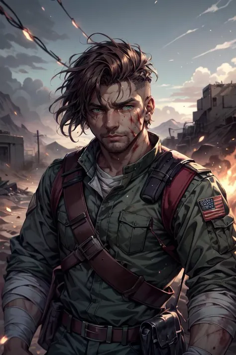 (best quality, masterpiece:1.2), (1man, muscular adult male:1.2), green eyes, auburn hair, undercut, portrait, solo, upper body, looking at viewer, detailed background, detailed face, (arid desert middle-eastern theme:1.1), battlefield-medic, fatigued, white tattered military medic uniform, army helmet, green cross, medical bag, bandages, toruniquet, morphine, medical aid, dirt , blood , running, battlefield trench, barbed wire in background, floating particles, bullet shells, wind blowing, emergency, epic atmosphere,