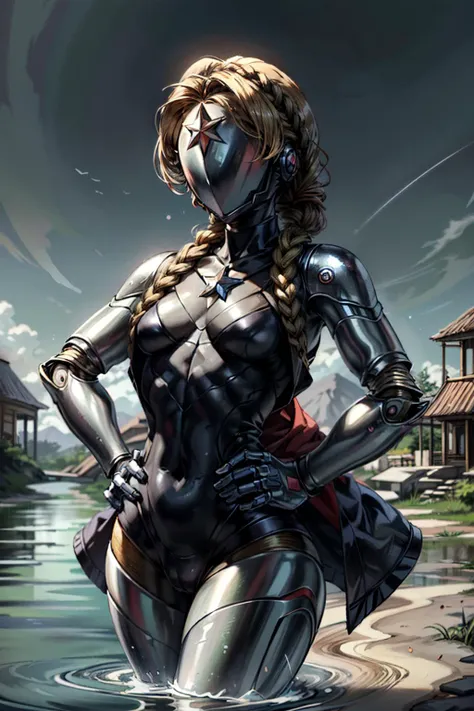 ((ultra detailed, masterpiece, absurdres))
<lora:AHTwins:0.9>
AHTwins, 1girl, robot, no face, blonde hair, braid, flat chest star (symbol), River , Hand on Hip Pose <lora:Perfect Hands:0.8> perfect hands