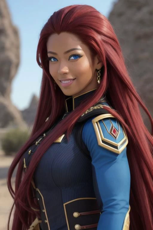 (masterpiece, best quality, ultra realistic, 8k uhd, very high quality, extremely detailed face),,
very dark skin, very muscular 30y.o. Egyptian-Japanese woman, smiling and happy, ((bright blue eyes, blue eyes)), absurdly long ruby red hair, large muscles, dark skin, very long ruby red hair,,
((tactical uniform)), thick and curvy full body