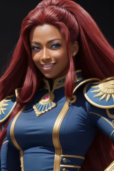 (masterpiece, best quality, ultra realistic, 8k uhd, very high quality, extremely detailed face),,
very dark skin, very muscular 30y.o. Egyptian-Japanese woman, smiling and happy, ((bright blue eyes, blue eyes)), absurdly long ruby red hair, large muscles, dark skin, very long ruby red hair,,
((tactical uniform)), thick and bulky body