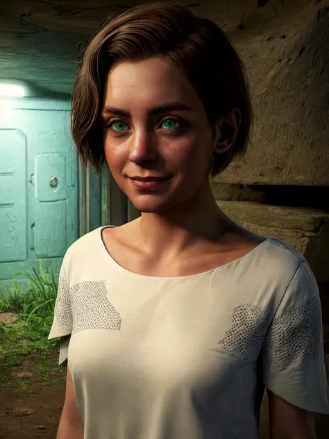 (insanely detailed, beautiful detailed face, masterpiece, best quality) <lora:beta:0.9>, beta,green eyes,brown hair,short hair, white shirt,short sleeves,smile, upper body,solo,standing, underground bunker,science fiction,tech,