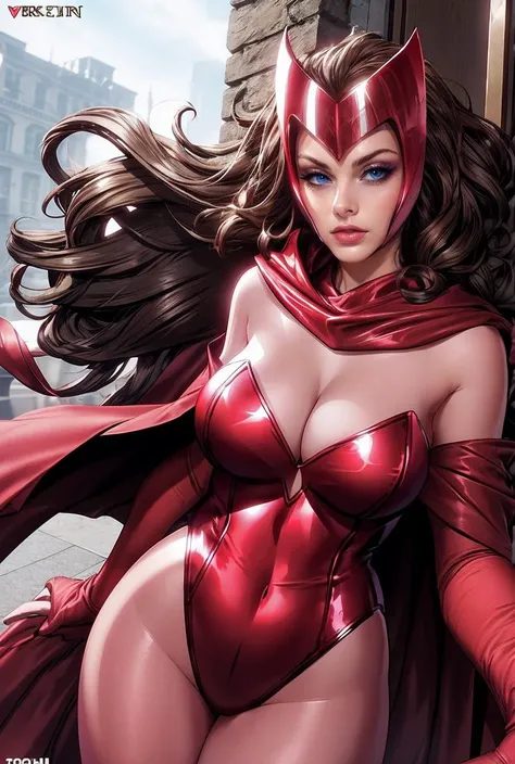 Hot sexy Scarlet Witch in a shower, sexy, beautiful, gorgeous, detailed, detailed face, high res, comic, comic style, head gear, cape, gloves, boots, skimpy outfit 