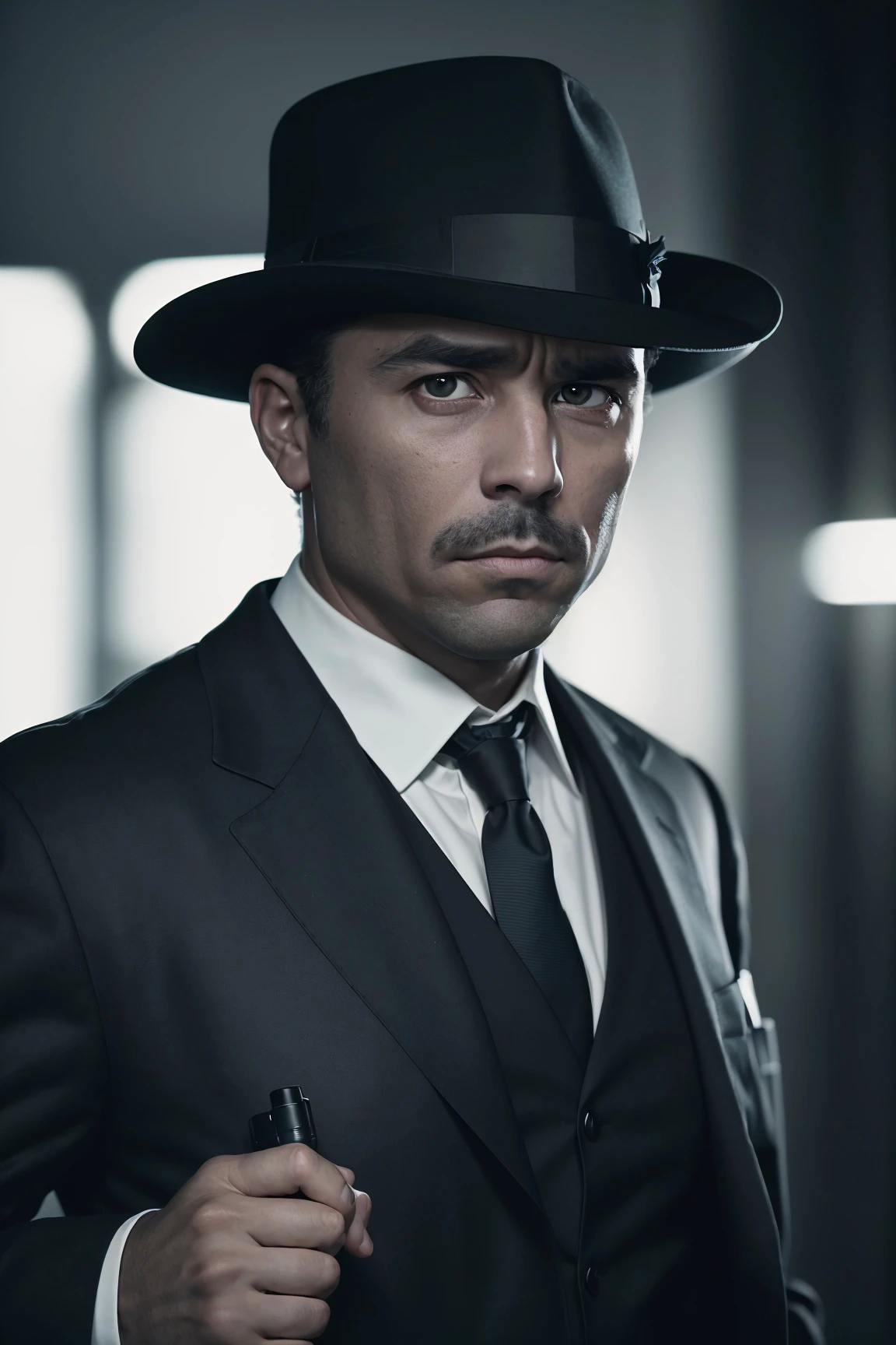 RAW photo, (a portrait photo of noir detective:1.3), 8k uhd, dslr, soft lighting, best quality, film grain, Fujifilm XT3,