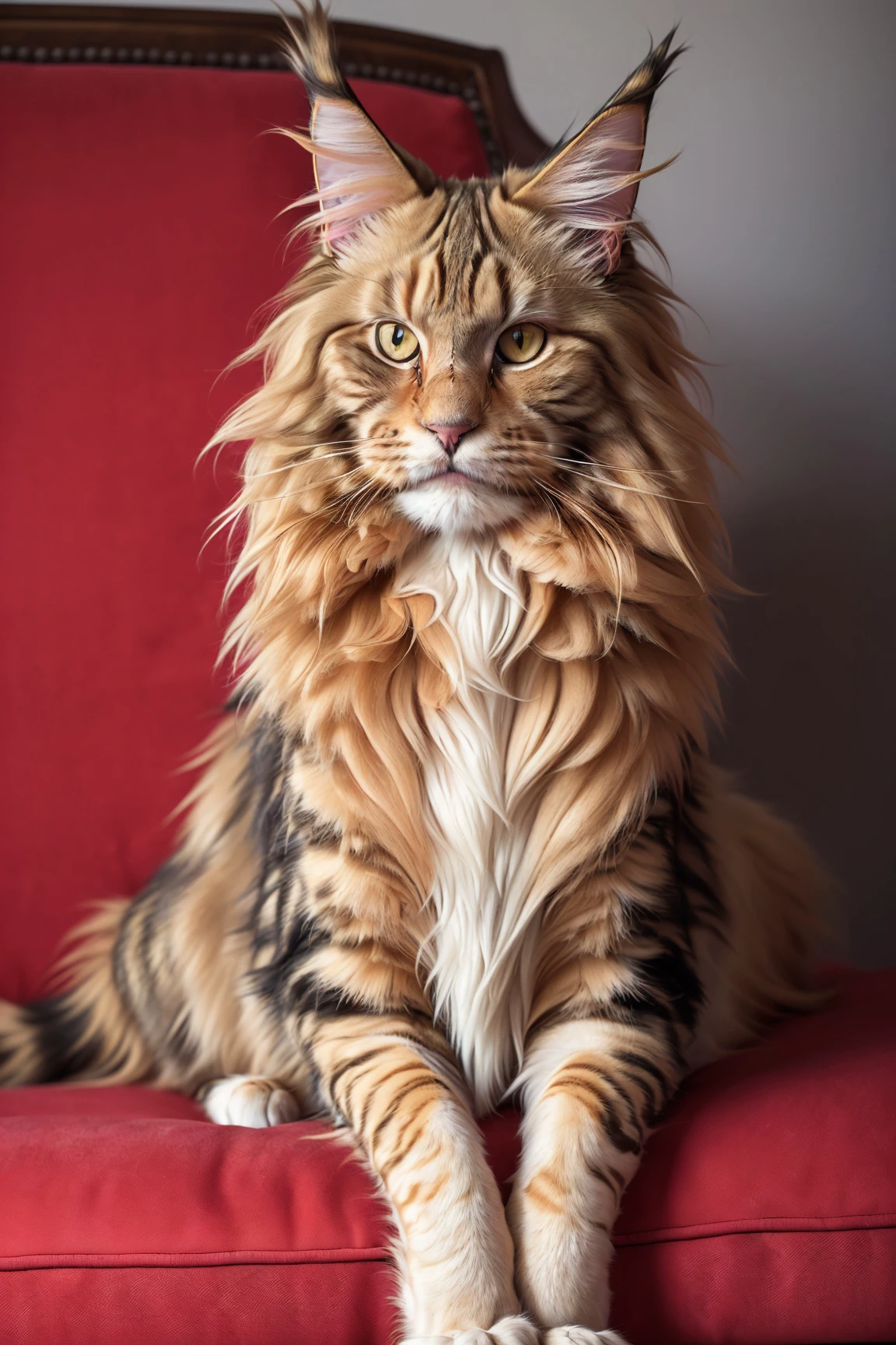 RAW photo, (a portrait photo of mainecoon on a couch:1.3), 8k uhd, dslr, soft lighting, best quality, film grain, Fujifilm XT3,