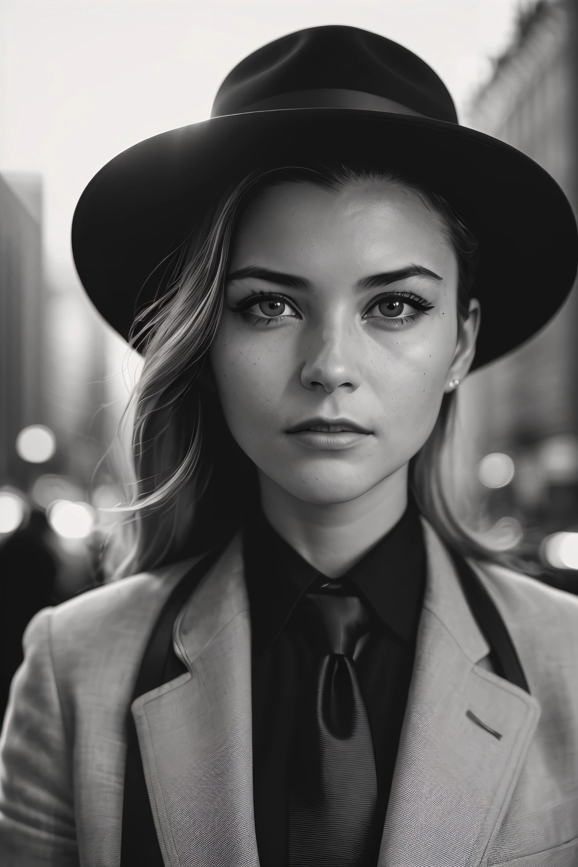 RAW photo, (a portrait photo of noir reporter:1.3), (high detailed skin:1.0), detailed eyes, 8k uhd, dslr, soft lighting, best quality, film grain, Fujifilm XT3,