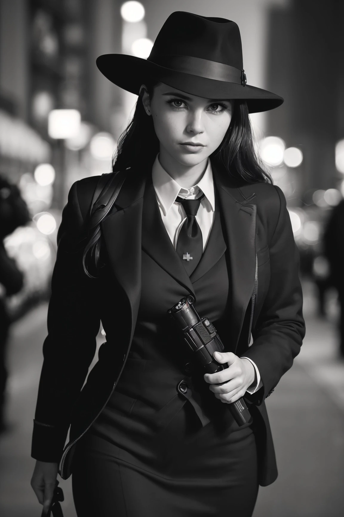 RAW photo, (a portrait photo of noir reporter:1.3), (high detailed skin:1.0), detailed eyes, 8k uhd, dslr, soft lighting, best quality, film grain, Fujifilm XT3,