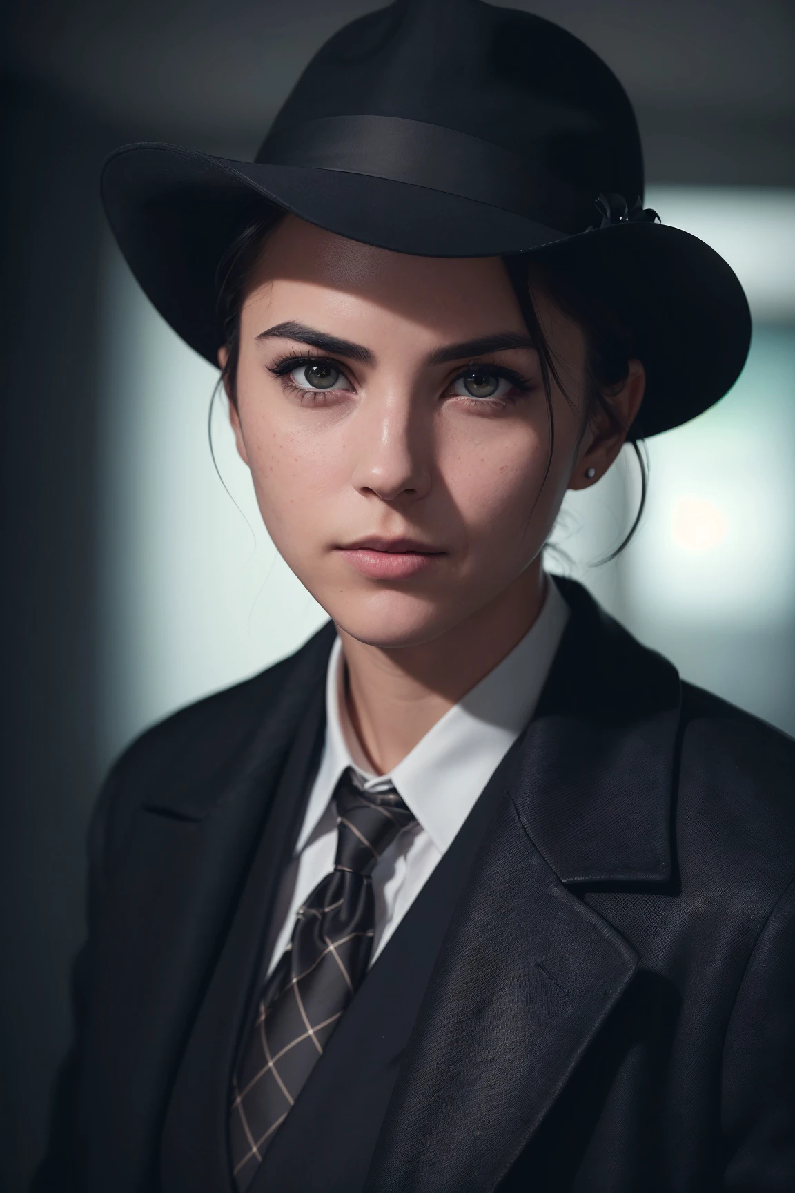 RAW photo, (a portrait photo of noir detective:1.3), (high detailed skin:1.0), detailed eyes, 8k uhd, dslr, soft lighting, best quality, film grain, Fujifilm XT3,