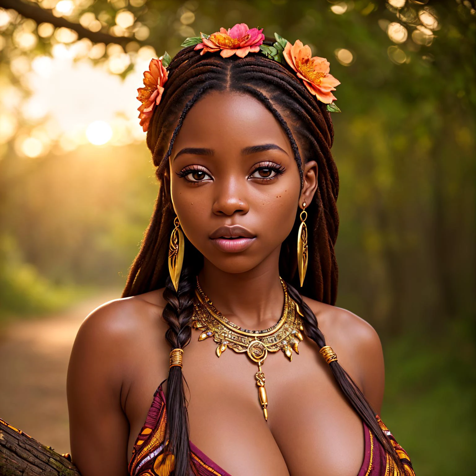 RAW photo, (a portrait photo of 25yo women:1.2), sitting on a log, (forest), belt pouch with flowers, (gigantic breasts:1.2), cleavage, (seductive:1.1), leaf earrings, leaf necklace, leather clothing, long skirt, bracelets, leaves, (high detailed skin:1.0), detailed eyes, 8k uhd, dslr, soft lighting, best quality, film grain, Fujifilm XT3, (Girl next door style:1.2), detailed eyes, long hair, (brown hair:1.1), braid, (oily hair:0.8), (eyeshadow:0.1), (african woman:1.3), fantasy, (cinematic lighting, sunset), flower crown, nsfw, <lora:hyperfusion100k_v4:0.5>