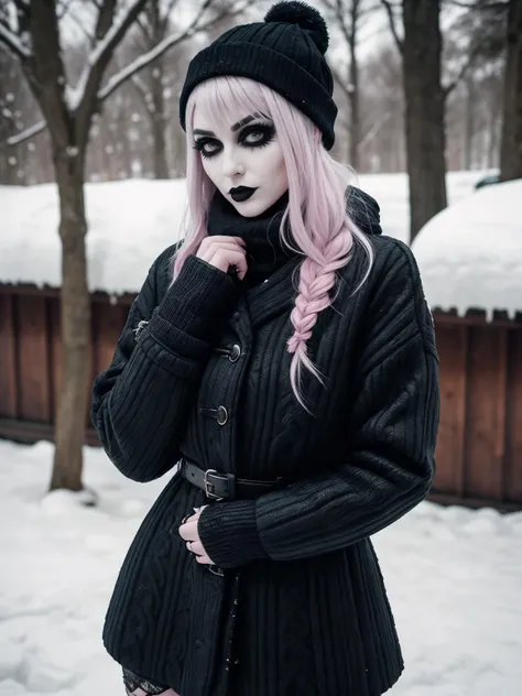 fullbody photo, woman, (pastel goth style:1.3), (wearing winter clothes, winter season:1.2), (highly detailed skin, skin texture:1.2), (raw photo, 35mm photograph, film, professional, 4k, highly detailed:1.1)