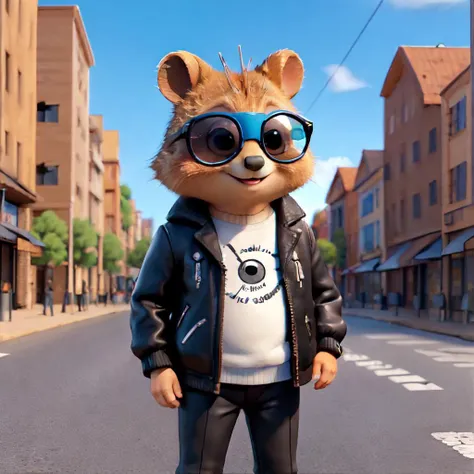 <lora:quokka:0.5> adorable quokka wearing sunglasses and a leather jacket, city street, masterpiece, high resolution, hd, 8k, shallow depth of field