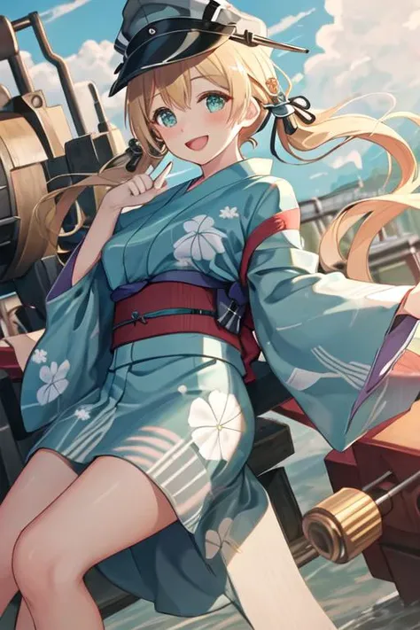 best quality, masterpiece, highres, solo, {yukata:1.40}, {kimono:1.20}, {prinz_eugen_kantaicollection:1.15}, blonde_hair, long_hair, twintails, hair_ornament, anchor_hair_ornament, hat, peaked_cap, blush, low_twintails, military, smile, breasts, open_mouth, iron_cross, cross, aqua_eyes, blue_eyes