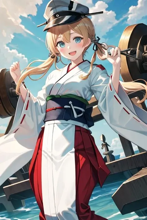 best quality, masterpiece, highres, solo, {white kimono:1.35}, {red hakama:1.35}, {wide sleeves:1.20}, {prinz_eugen_kantaicollection:1.15}, blonde_hair, long_hair, twintails, hair_ornament, anchor_hair_ornament, hat, peaked_cap, blush, low_twintails, military, smile, breasts, open_mouth, iron_cross, cross, aqua_eyes, blue_eyes