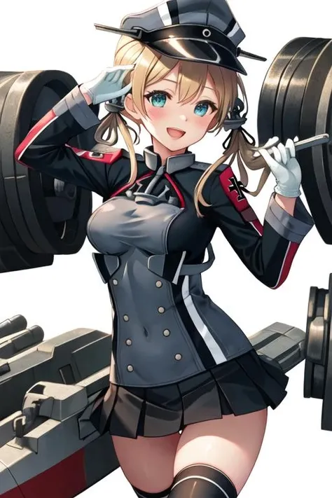 best quality, masterpiece, highres, solo, {prinz_eugen_kantaicollection:1.15}, blonde_hair, long_hair, twintails, hair_ornament, anchor_hair_ornament, hat, peaked_cap, blush, low_twintails, military, smile, breasts, open_mouth, iron_cross, cross, aqua_eyes, blue_eyes, 1girl, gloves, long_sleeves, looking_at_viewer, military_uniform, uniform, white_gloves, skirt, thighhighs