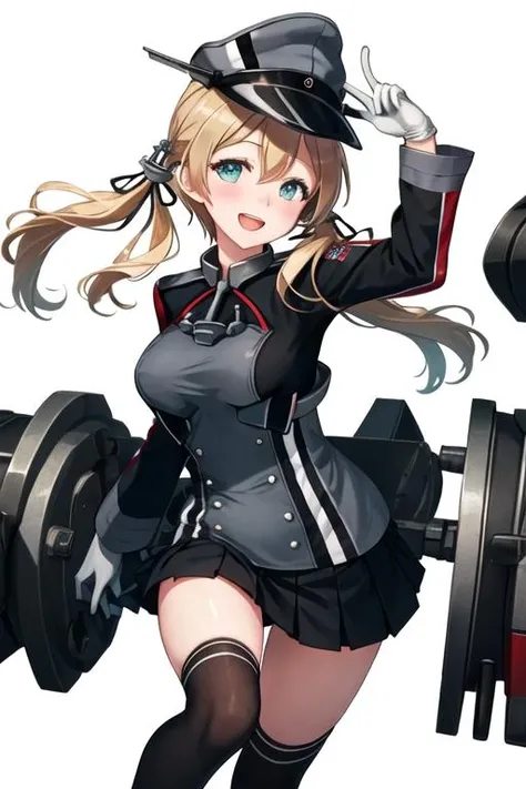 best quality, masterpiece, highres, solo, {prinz_eugen_kantaicollection:1.15}, blonde_hair, long_hair, twintails, hair_ornament, anchor_hair_ornament, hat, peaked_cap, blush, low_twintails, military, smile, breasts, open_mouth, iron_cross, cross, aqua_eyes, blue_eyes, 1girl, gloves, long_sleeves, looking_at_viewer, military_uniform, uniform, white_gloves, black_skirt, pleated_skirt, simple_background, skirt, white_background, large_breasts