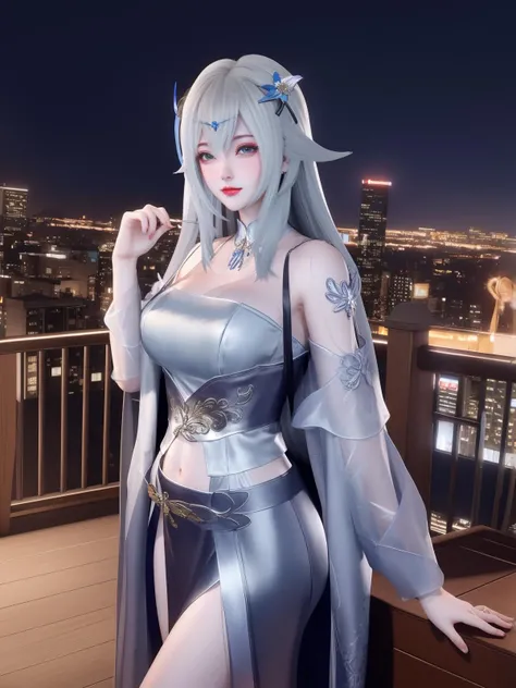 <lora:ishierDDDi_20230805144506:0.75>,1girl,cityscape, night, looking at viewer, mature female, ishierDDDi,cowboy shot, hair ornament,