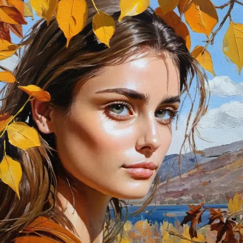 (Abstract) sketch of a woman in the fall season, oil on canvas, <lora:tayhill_xl_1_standard_merger_26_42_96_04_03_03:1>, perfect eyes