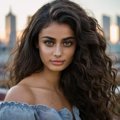 (Skin Texture, pores, natural,iPhone,RAW), natural lighting, Portrait photo of a woman with long thick wavy dark hair , Nikon Z9, realistic matte skin, blurry city in the background, 8K, symmetric, whole face, <lora:tayhill_xl_1_standard_merger_26_42_96_04_03_03:1>, perfect eyes