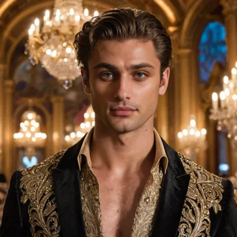 close-up photo of man, cleavage, looking at viewer, in a highly detailed, iconic outfit, set against an opulent and glamorous background, adorned with shimmering lights, luxurious textures, and exquisite architecture, <lora:tayhill_xl_1_standard_merger_26_42_96_04_03_03:1>