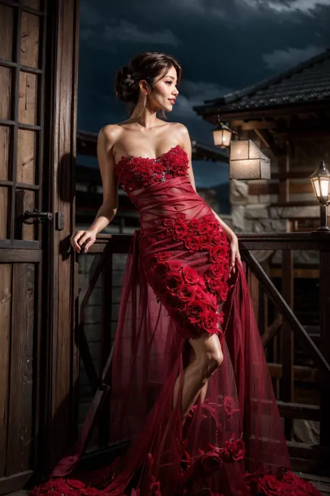 (realistic:1.3), finely detailed, quality, rembrandt lighting, (masterpiece:1.2), (photorealistic:1.2), (best quality), (detailed skin:1.3), (intricate details), dramatic, ray tracing, 1girl, japanese girl, smiling, updo hair, 21 years old, complex makeup, hair accessories, blusher, lip gloss, medium breasts, strapless gown, silk, sheer, see-through, elegant, intricate, exquisite, sophisticated, (midnight, garden, cowboy shot), rose, <lora:RoseDress:0.8>,  <lora:add_detail:0.5>