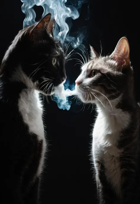 white and black cats shotgun smoking, close, sensual, dark background, 8k, F2.8, RAW Photo, ultra detailed, <lora:Shotgun_Smoking_XL:0.9>  <lora:xl_more_art-full_v1:0.5>