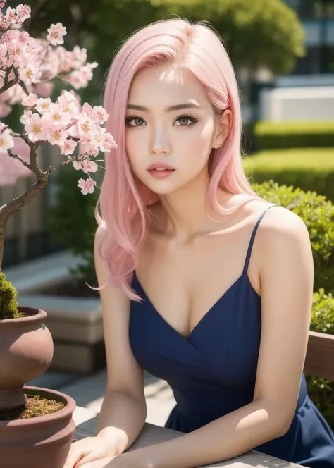 1 girl, model, pink hair, loating hair, warm day, warm lightning, sitting down, cutting bonsai tree, wide angle, collarbone, (bare shoulders:0.8), beautiful skin, sakura flowers, bonzai tree in background, chinese theme, detailed hands, beautiful face, detailed nails, glossy lips, watery eyes, sakura petals on shoulder, falling sakura petals, eye-catching, fish tank in background, sitting in the shadow, masterpiece, looking at viewer, hdr, ((very detailed background)), depth of field, bokeh, closed mouth, red lips,