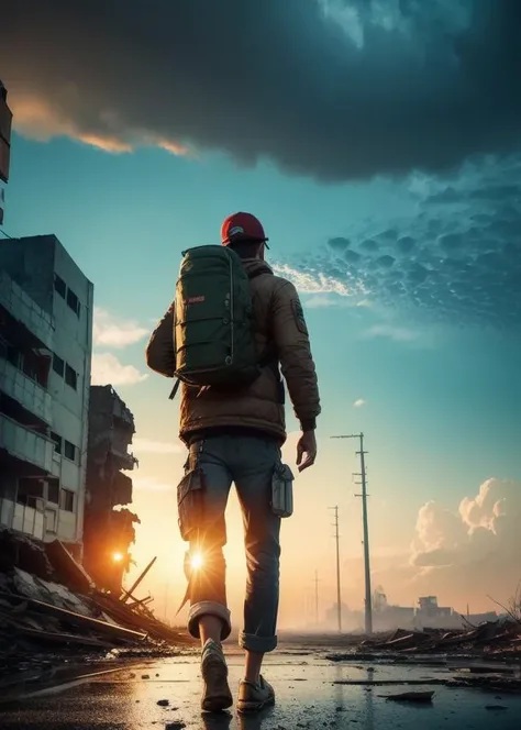((masterpiece)), ((best quality)), (realistic), postapocalypseAI, cinematic lighting, detailed, extremely detailed, from behind, <lora:postapocalypseAI:0.8>,solo, a male scavenger walking on the street of ruined city, wearing a leather cap and a gas mask, rugged outfit, carrying a backpack, red sky, lightening, clouds, twilight, toxic miasma, fog,